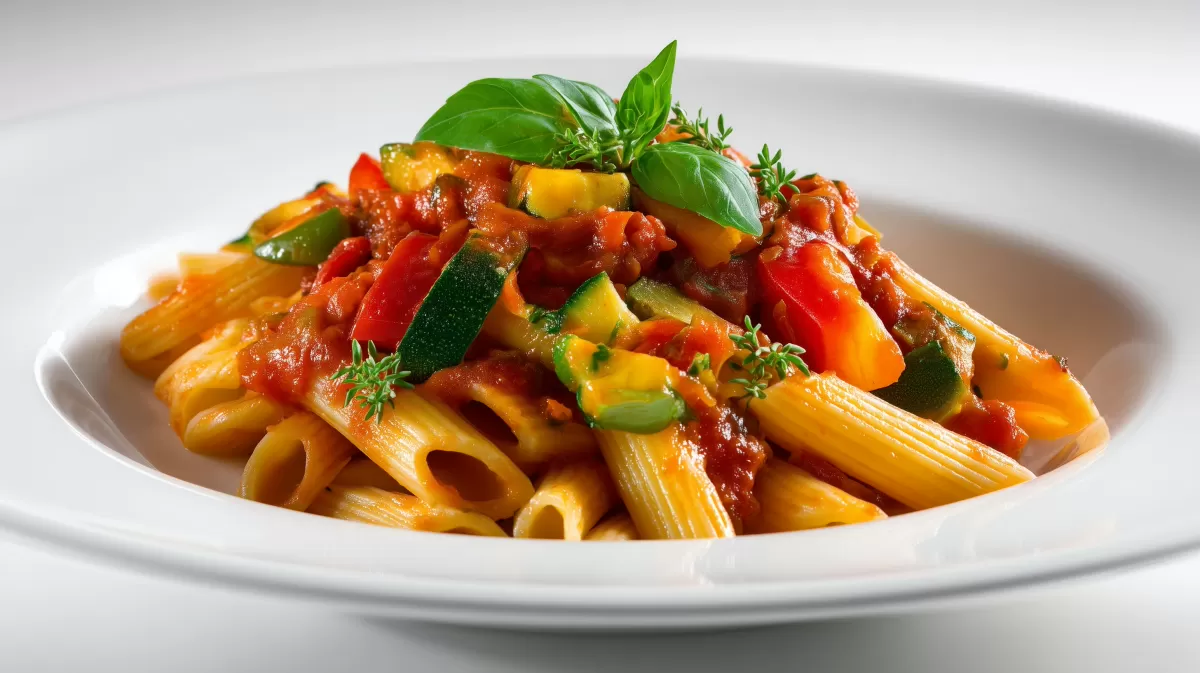 Bunte Gemüse Pasta Sauce mit Penne und Basilikum
