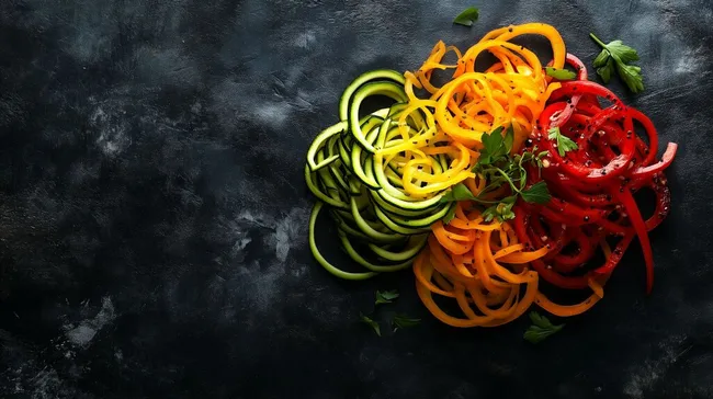 Bunte Gemüsenudeln auf Schieferplatte