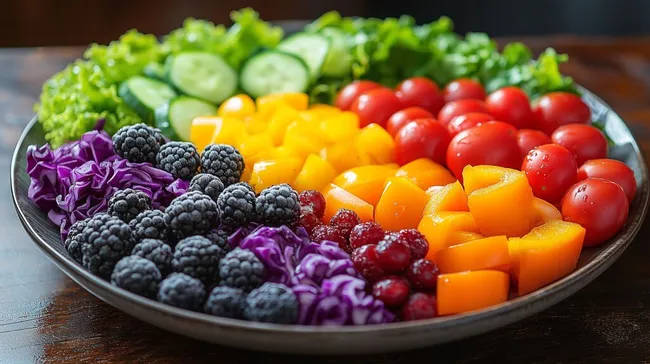 Bunte Gemüseplatte mit frischem Obst und Beeren