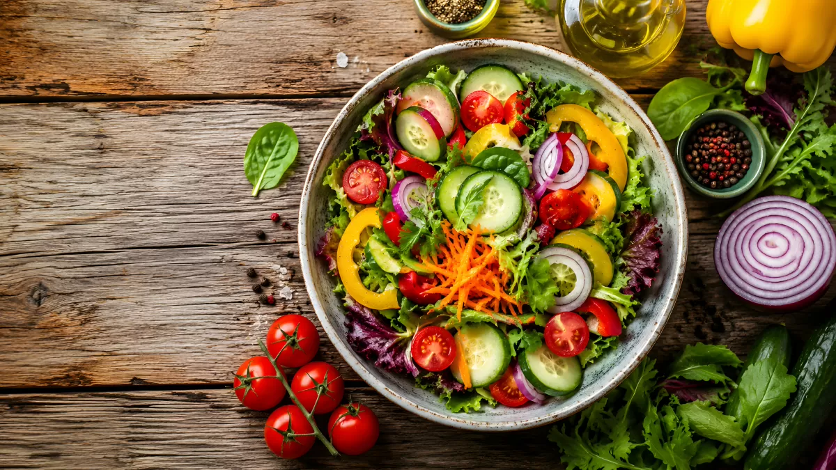 Bunte Gemüsesalat-Schüssel auf rustikalem Holztisch