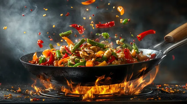 Bunte Gemüsewok mit dynamischen Flammen