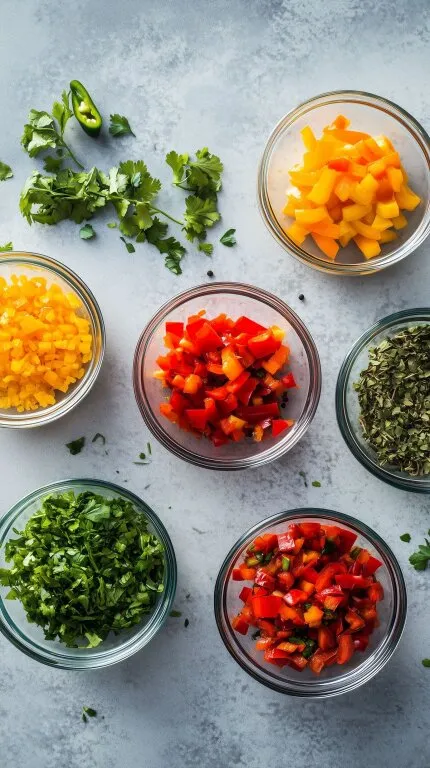 Bunte Gemüsewürfel in rustikalen Schalen auf Marmor