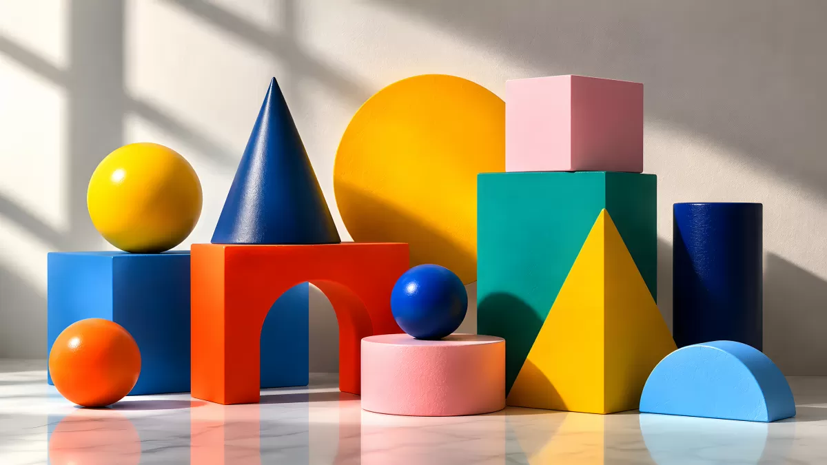 Bunte geometrische Formen als Holzspielzeug arrangiert