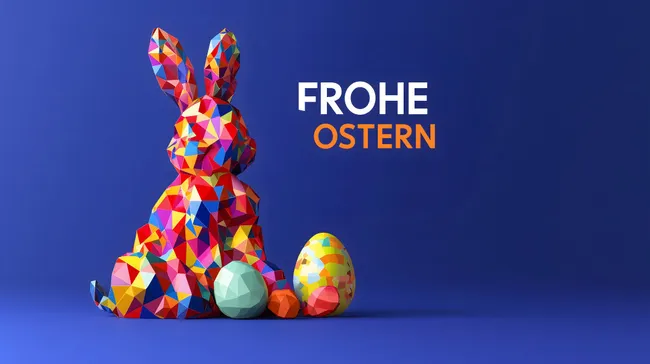 Bunte, geometrische Ostern-Dekoration mit Hase und Eiern