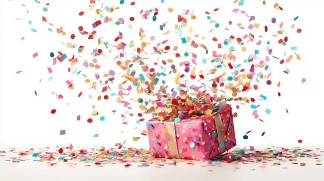 Bunte Geschenkbox mit Konfetti auf weißem Hintergrund