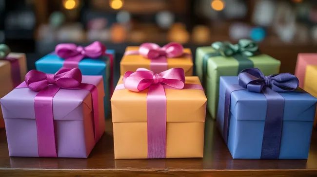 Bunte Geschenkboxen mit Schleifen auf Holztisch