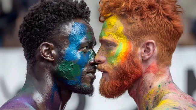 Bunte Gesichter beim Pride-Fest küssen sich