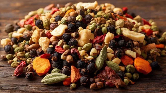 Bunte Gewürz-Mischung auf rustikalem Holztisch