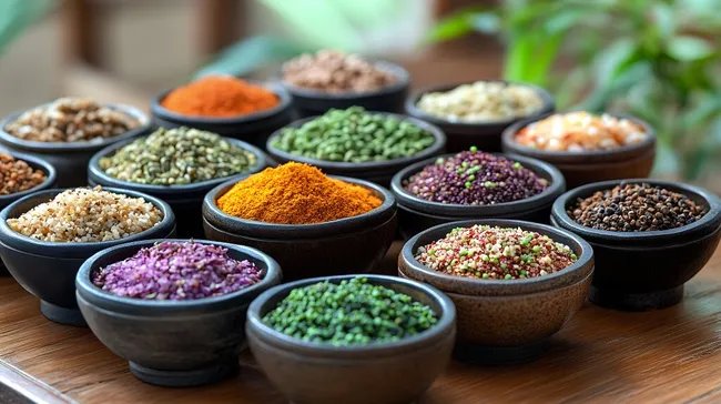 Bunte Gewürz-Schalen auf Holztisch