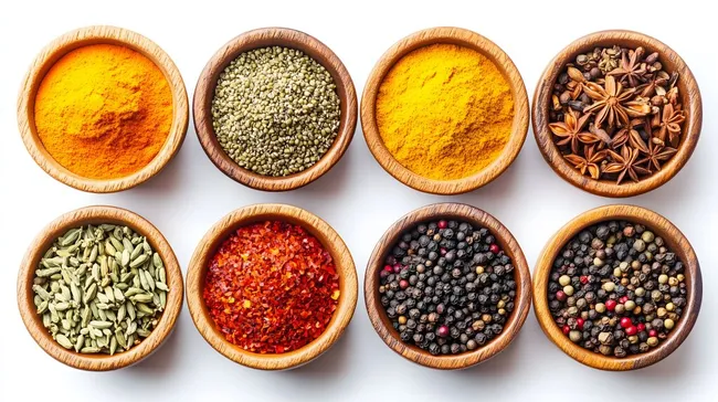 Bunte Gewürzauswahl in Holzschalen