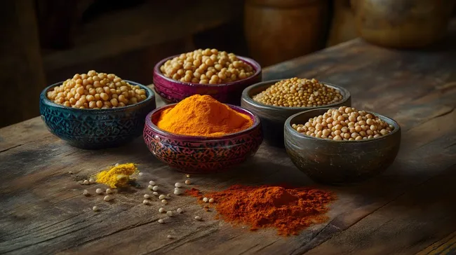Bunte Gewürze in rustikalen Schüsseln auf Holztisch