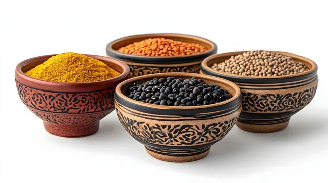 Bunte Gewürze in traditionellen Keramikschalen