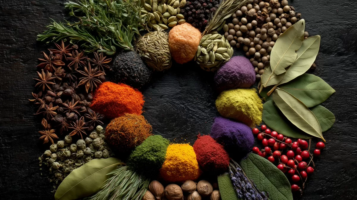 Bunte Gewürze und aromatische Kräuter auf Holztisch