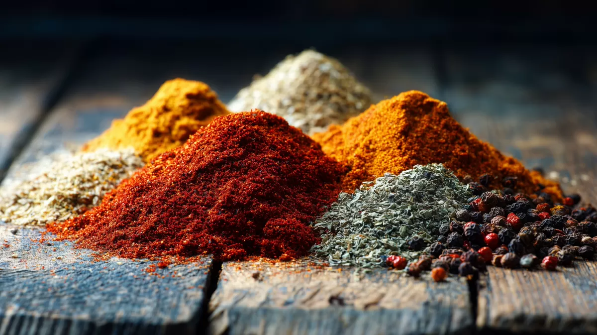 Bunte Gewürze und Aromen auf Holzuntergrund