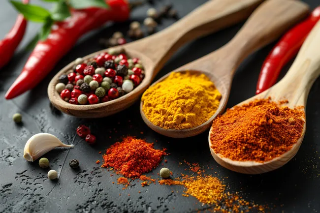 Bunte Gewürze und Kräuter auf schwarzem Hintergrund