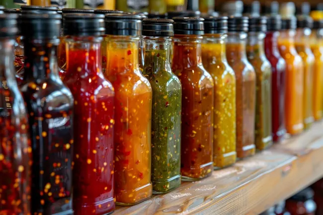 Bunte Gewürze und Öle in Glasflaschen