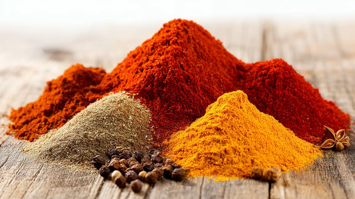 Bunte Gewürzvielfalt auf Holzbrett