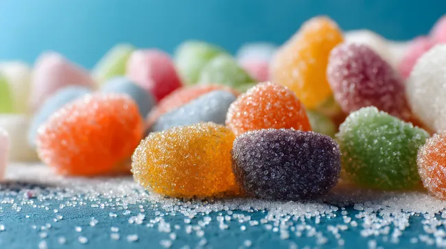 Bunte, glänzende Gummibärchen auf blauem Hintergrund