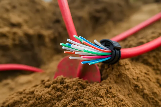 Bunte Glasfaserkabel verlegt im Erdreich