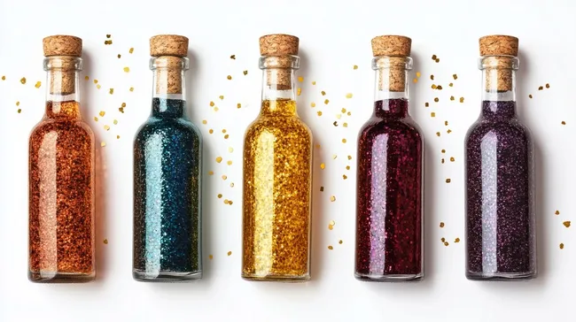 Bunte Glasflaschen voller funkelnder Glitzer
