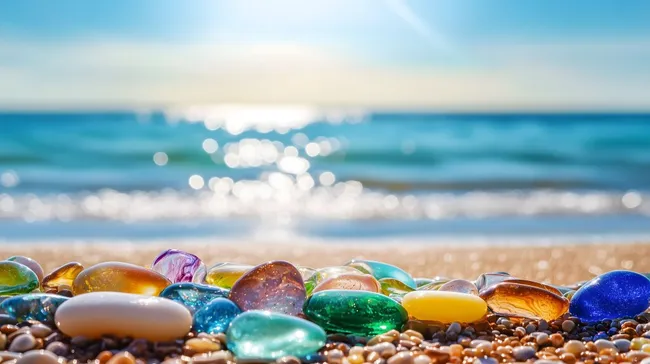 Bunte Glassteine am tropischen Strand