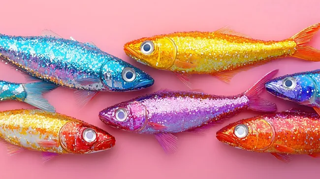 Bunte Glitzerfische auf rosa Hintergrund