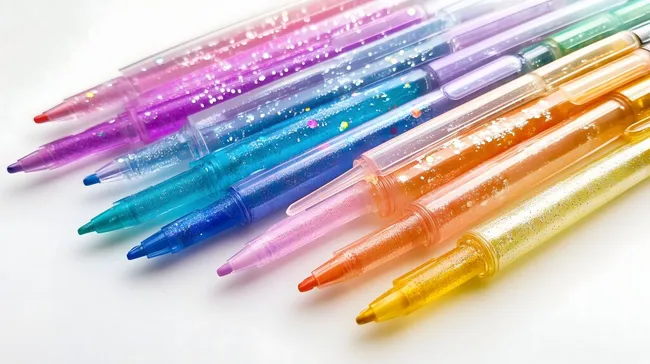 Bunte, glitzernde Gelstift-Sammlung auf Weiß