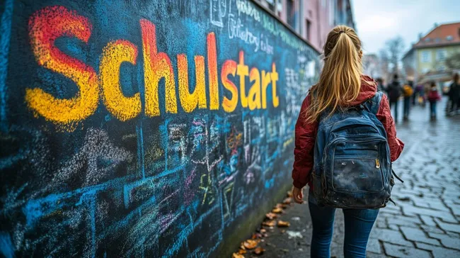 Bunte Graffiti-Wand mit Schülerin im Regen