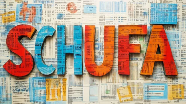 Bunte Grafik aus Zahlen und Symbolen für Bonitätsanalyse