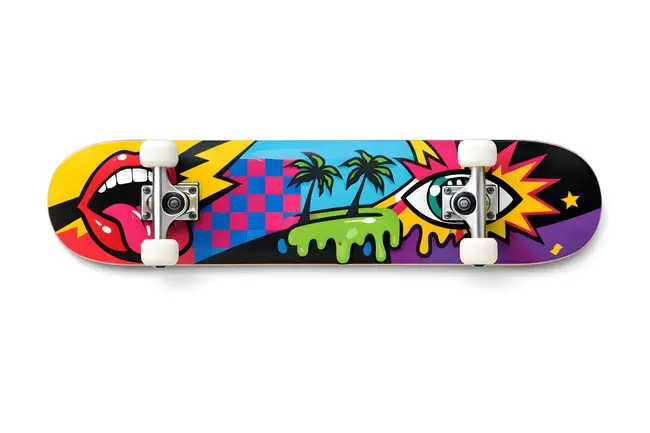 Bunte, grafische Skateboard-Grafik mit Palmen und Blitzen