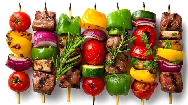 Bunte Grillspieße mit Fleisch und Gemüse