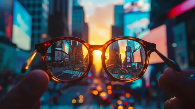 Bunte Großstadt-Perspektive durch Sonnenbrille