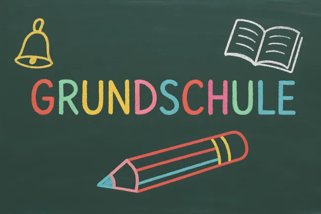 Bunte Grundschultafel mit Schulglocke und Lehrbuch