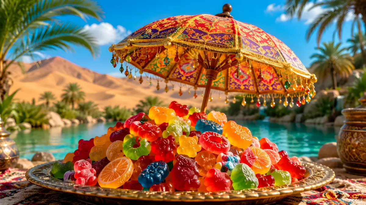 Bunte Gummibärchen auf orientalischem Tablett mit Sonnenschirm
