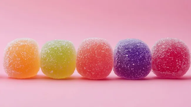 Bunte Gummibärchen auf rosa Hintergrund