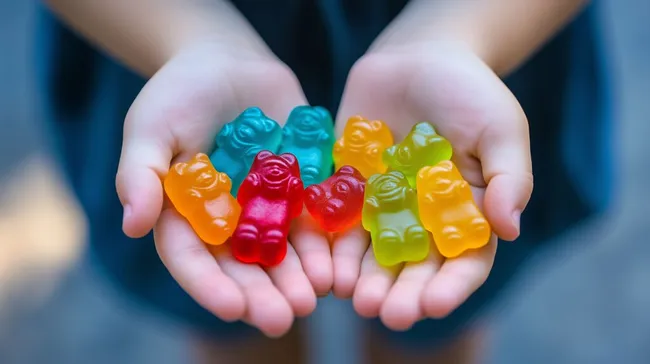Bunte Gummibärchen in Kinderhandflächen
