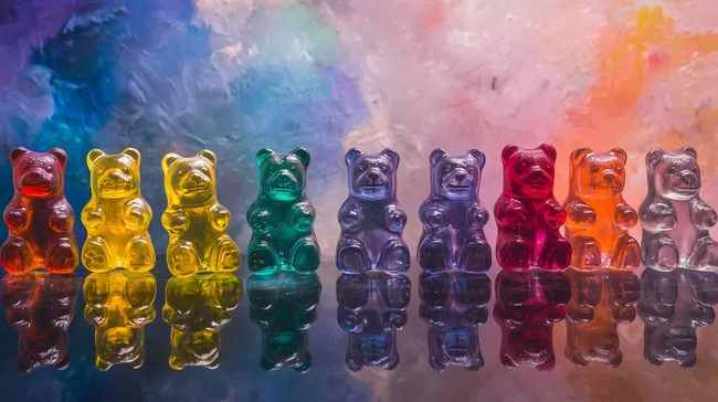 Bunte Gummibärchen in Regenbogenfarben vor abstrakter Malerei