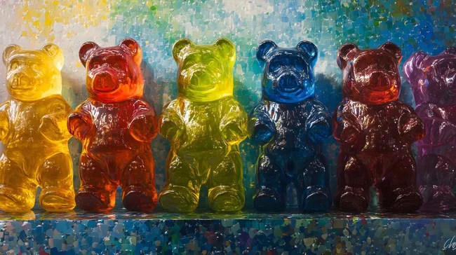 Bunte Gummibärchen in verschiedenen Farben auf Mosaikfliesen