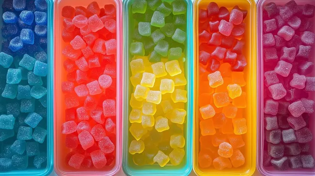 Bunte Gummibärchen-Mischung in Plastikboxen