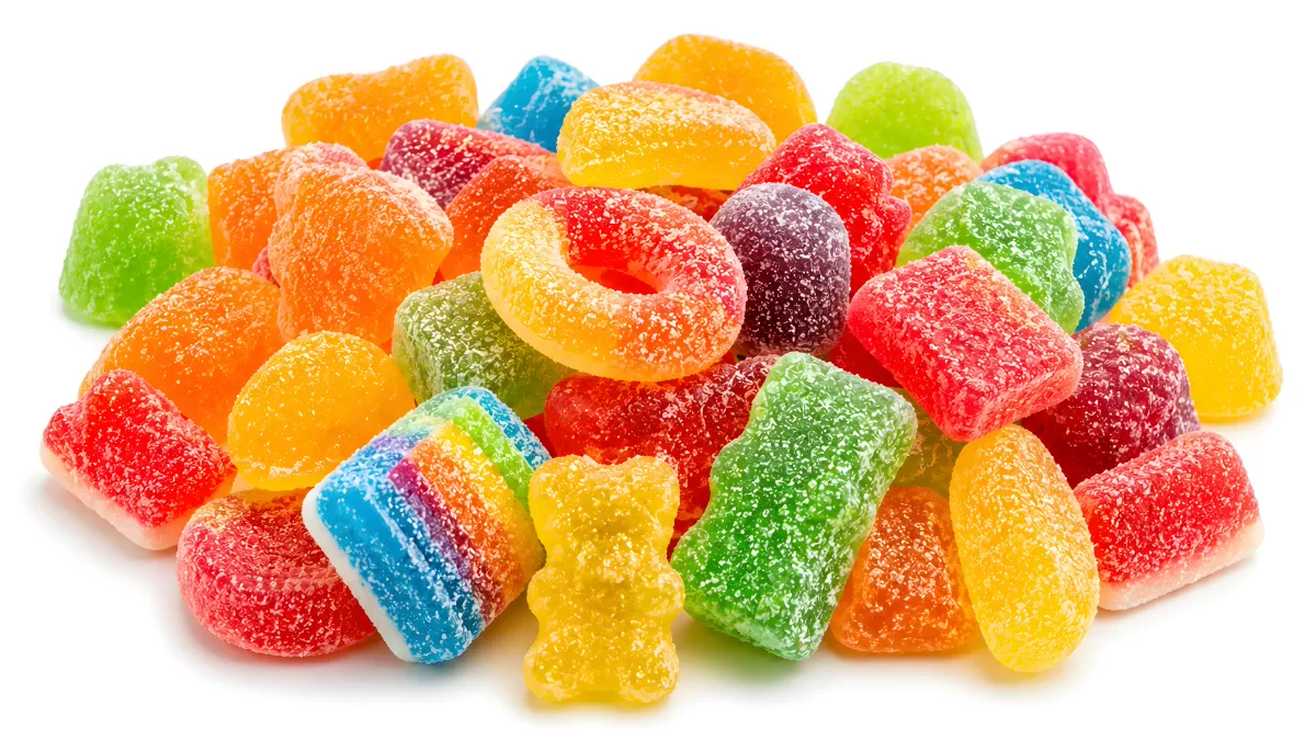 Bunte Gummibärchen und Fruchtgummis mit Zuckerkruste