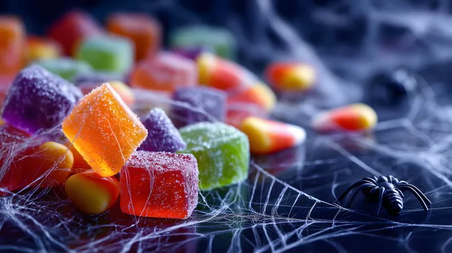 Bunte Gummibärchen vor grauer, schwankender Kulisse