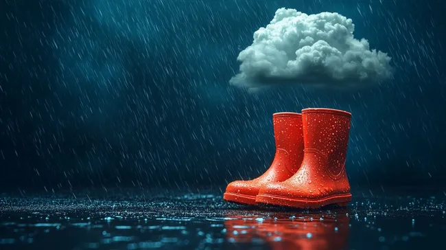 Bunte Gummistiefel tanzen im Regen