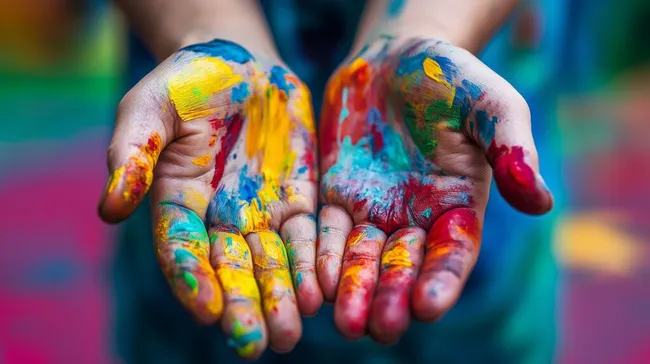 Bunte Hände in kreativer Farbexplosion