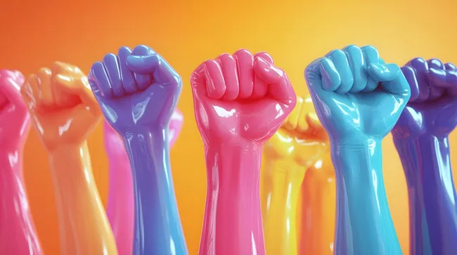 Bunte Hände in Siegespose: Vielfalt und Solidarität