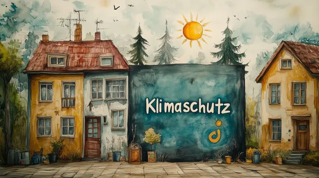 Bunte Häuserfassade mit Klimaschutz-Motiv