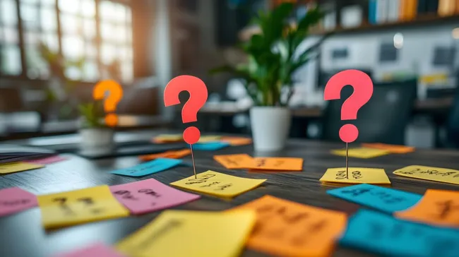 Bunte Haftnotizen mit Fragezeichen auf Holztisch