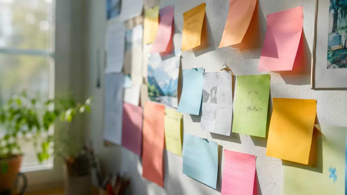 Bunte Haftnotizen und Skizzen an einer Wand