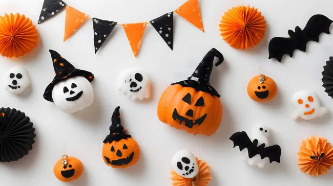 Bunte Halloween-Deko mit Kürbissen und Fledermäusen