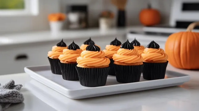 Bunte Halloween-Muffins mit oranger Creme