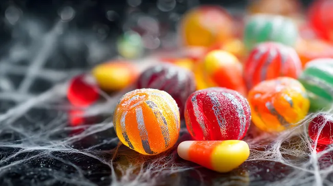 Bunte Halloween-Naschereien auf Spinnennetz-Hintergrund